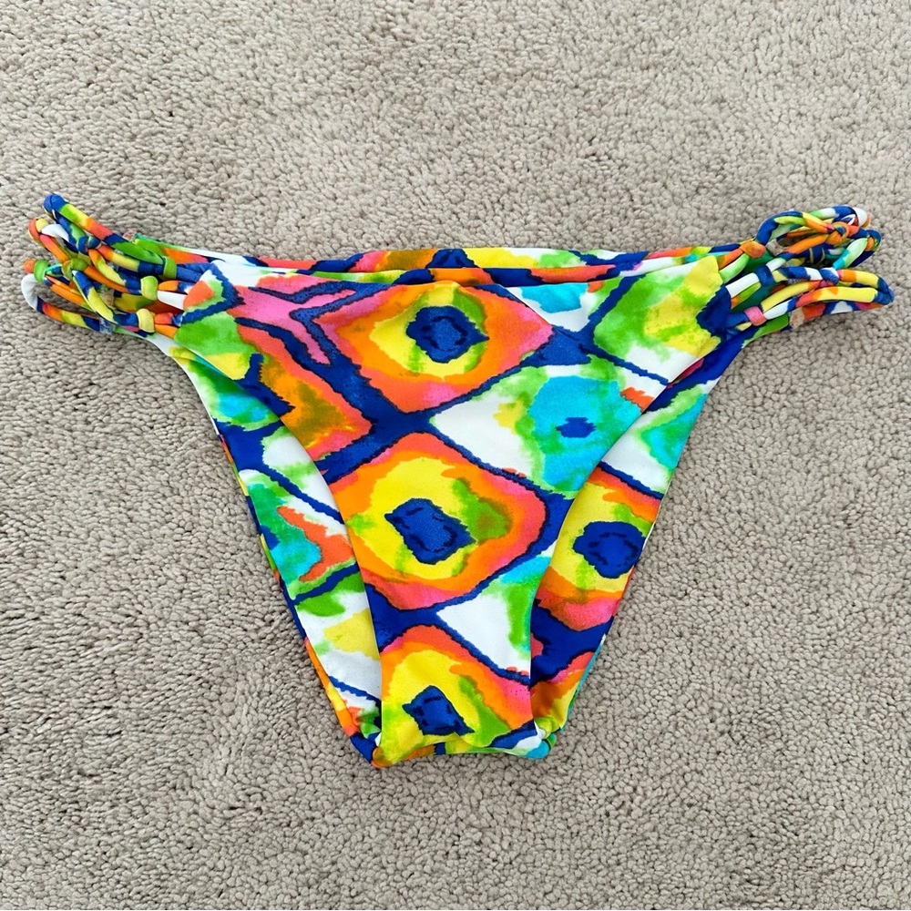 Cheeky Multi Color Rainbow Printed Bikini Bottom With Side Braided Detail